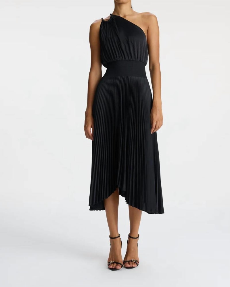 Front of a model wearing a size 10 Ruby Satin Pleated Dress In Black in Black by A.L.C.. | dia_product_style_image_id:342348